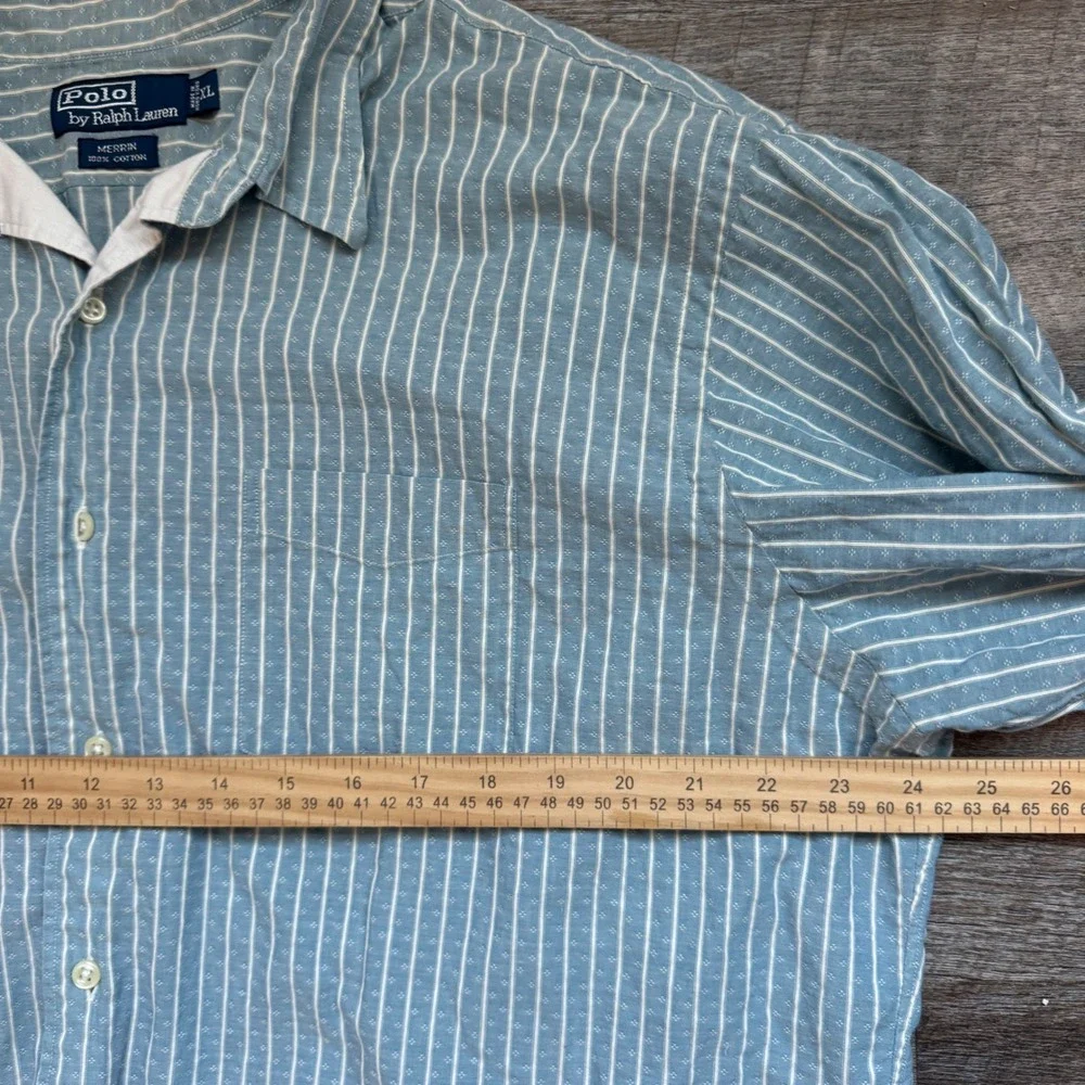 Polo Ralph Lauren Merrin Blue‎ White Striped Dobby Cotton Shirt Mens XL Summer
